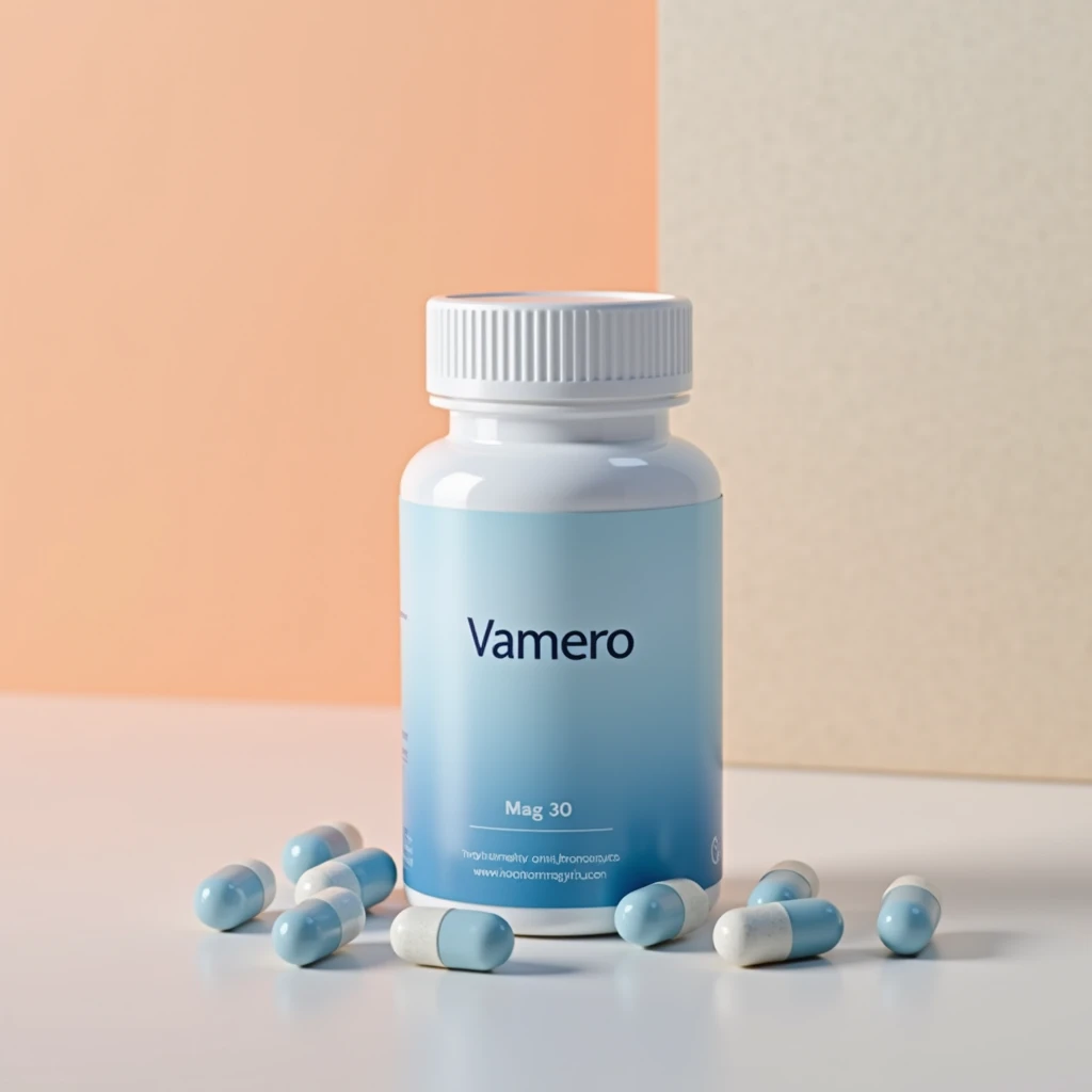 Stylized Vamero supplement bottle with soft gradient packaging